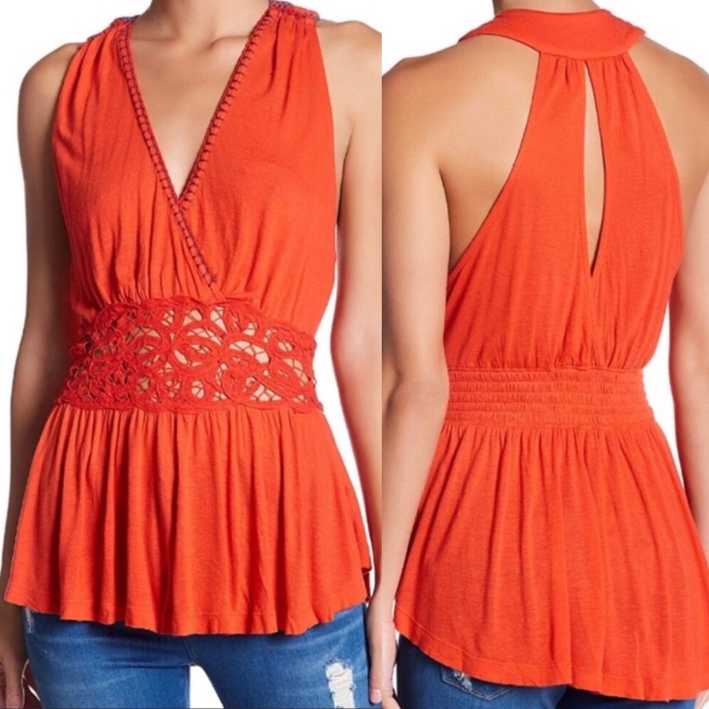Free People Megan Peplum Top w/Decorative Crochet